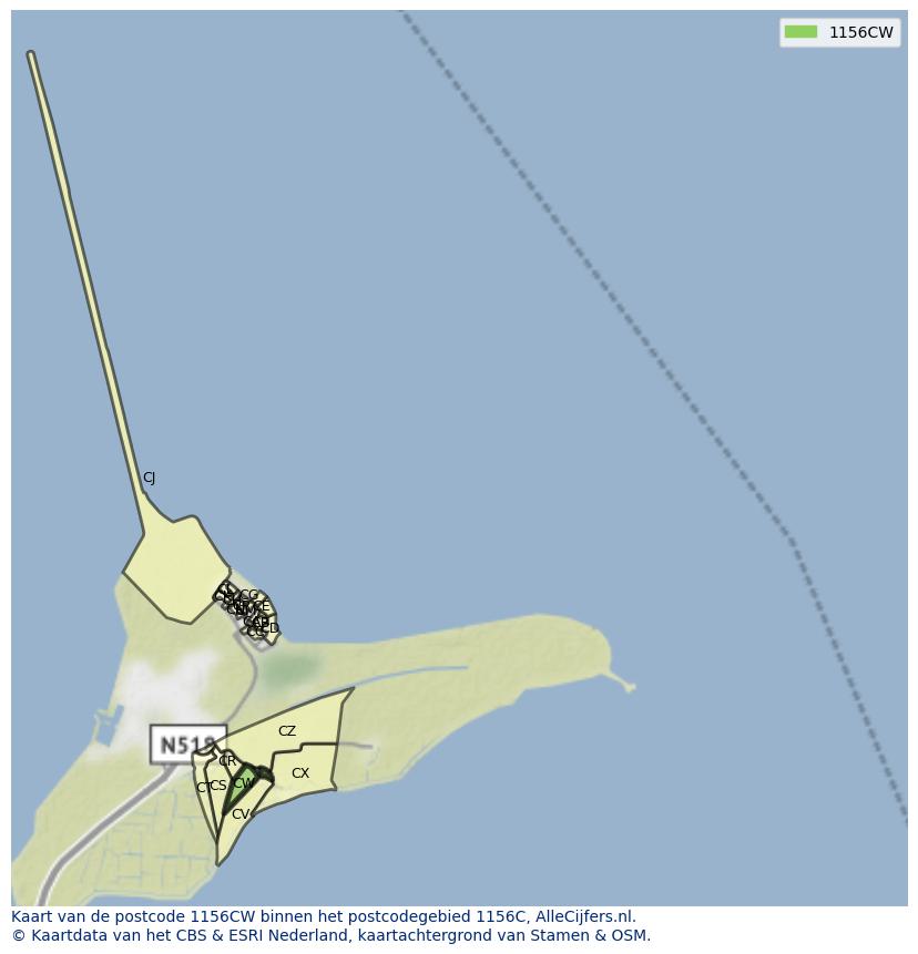 Afbeelding van het postcodegebied 1156 CW op de kaart.