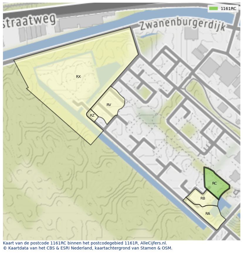 Afbeelding van het postcodegebied 1161 RC op de kaart.
