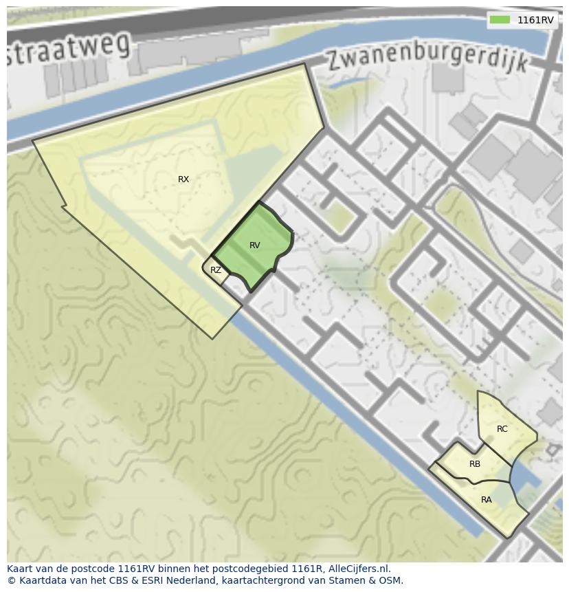 Afbeelding van het postcodegebied 1161 RV op de kaart.