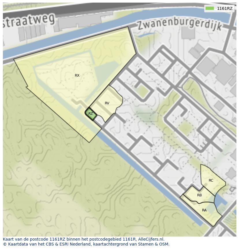 Afbeelding van het postcodegebied 1161 RZ op de kaart.