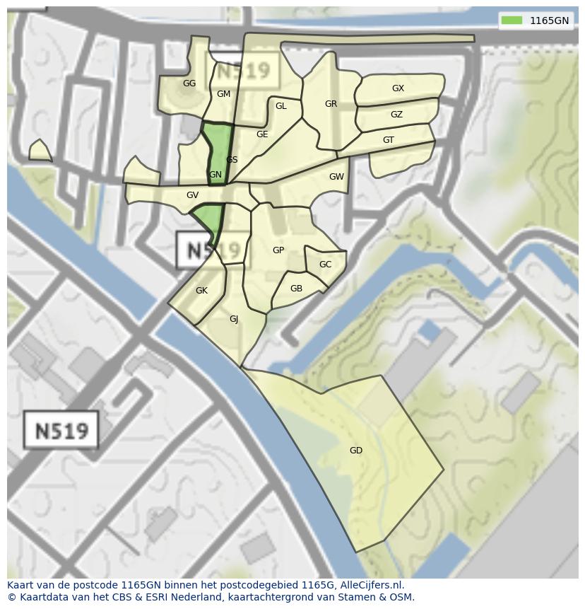 Afbeelding van het postcodegebied 1165 GN op de kaart.