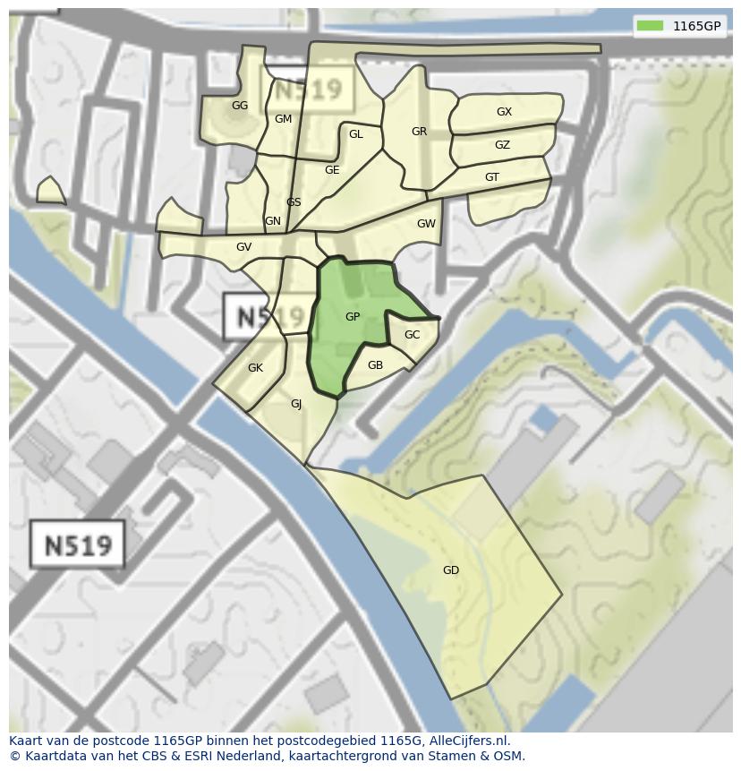 Afbeelding van het postcodegebied 1165 GP op de kaart.