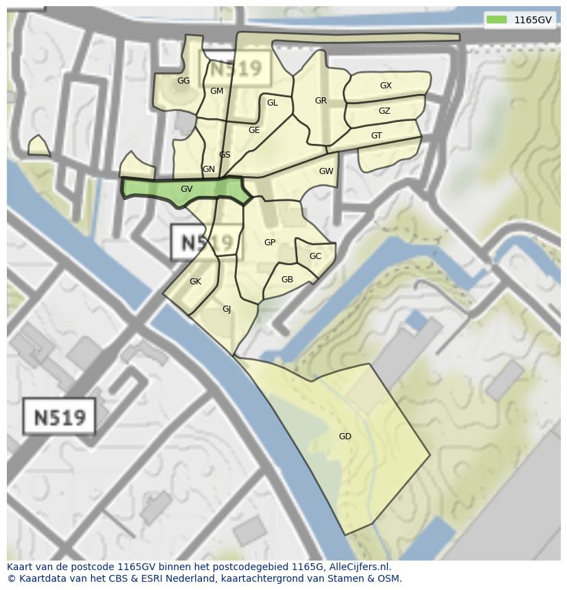 Afbeelding van het postcodegebied 1165 GV op de kaart.