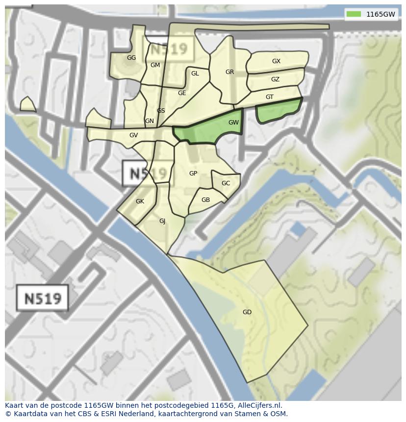 Afbeelding van het postcodegebied 1165 GW op de kaart.