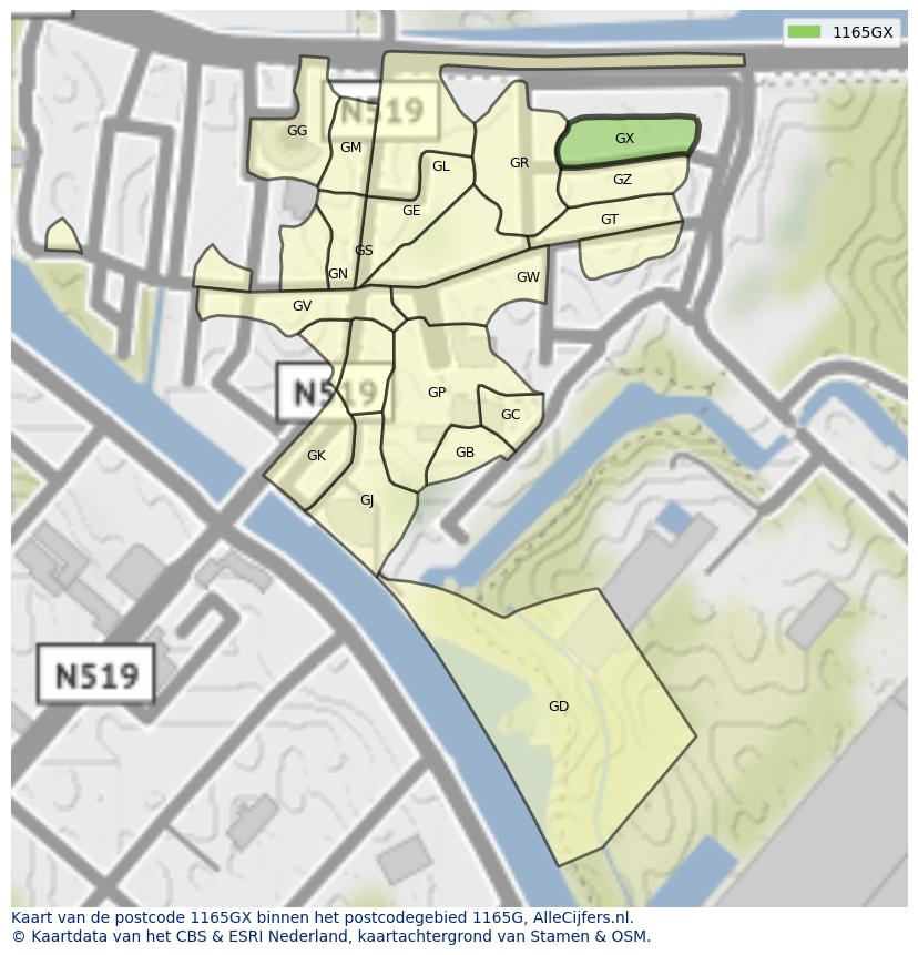 Afbeelding van het postcodegebied 1165 GX op de kaart.