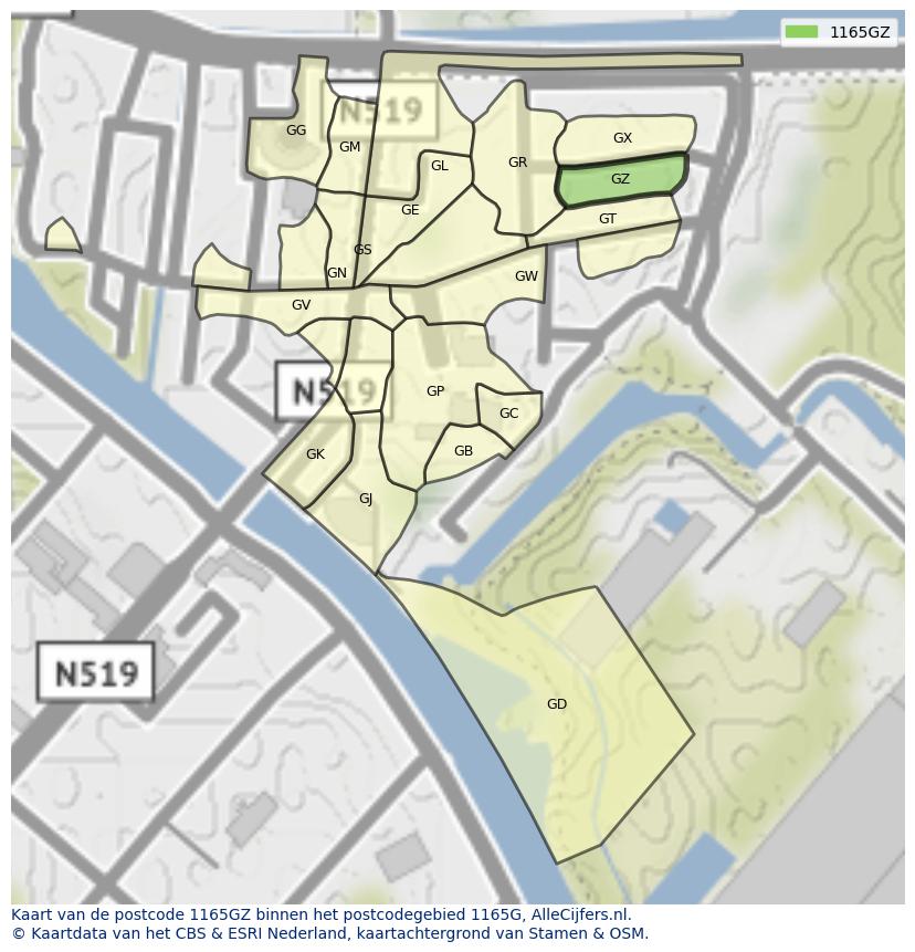 Afbeelding van het postcodegebied 1165 GZ op de kaart.