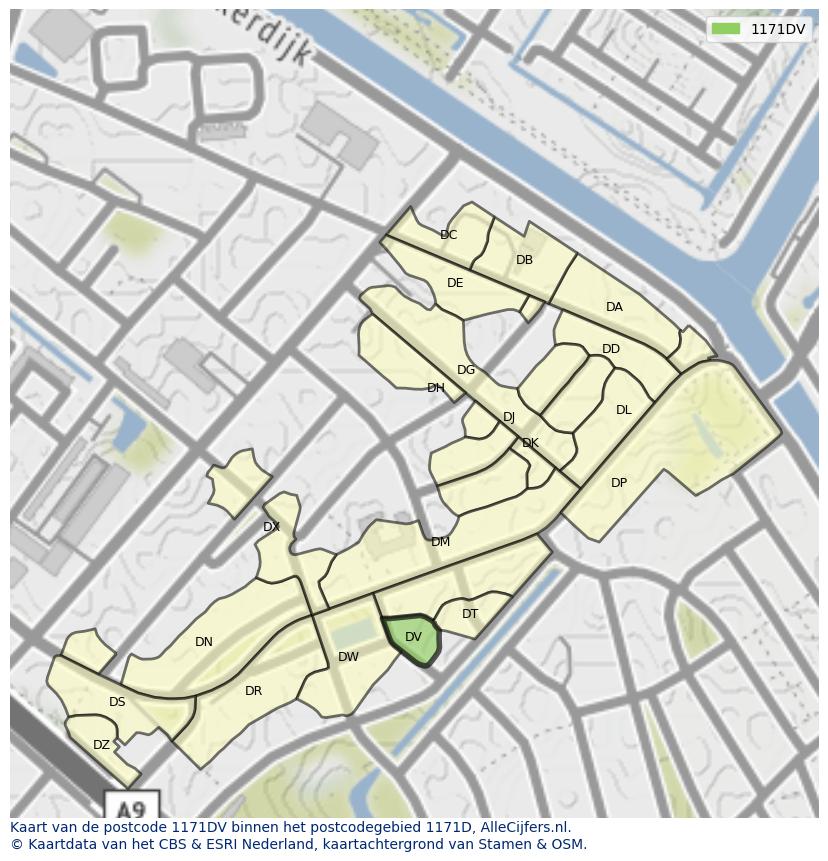 Afbeelding van het postcodegebied 1171 DV op de kaart.