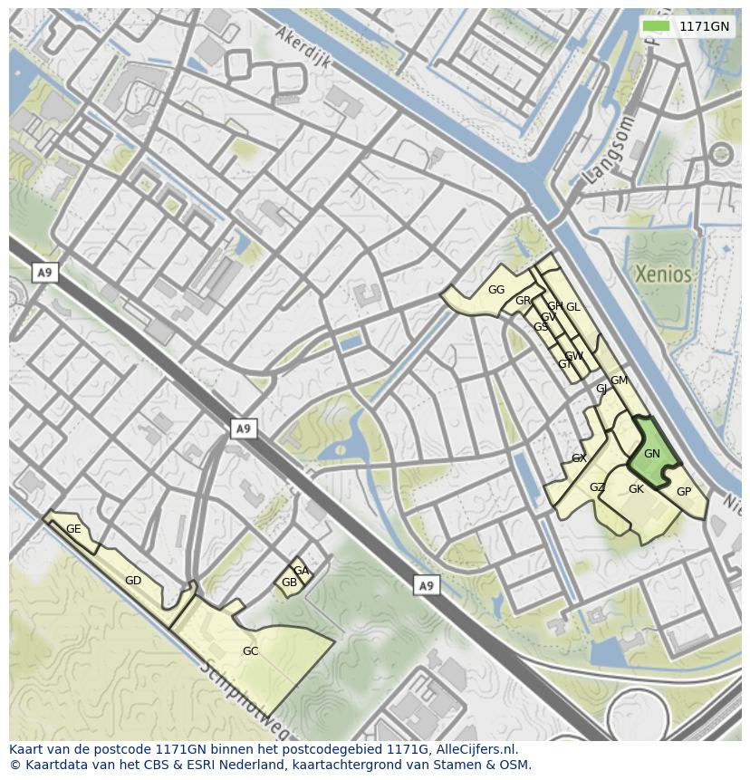 Afbeelding van het postcodegebied 1171 GN op de kaart.