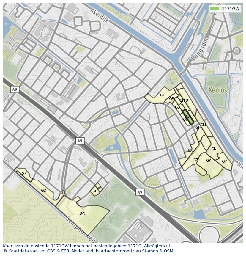 Afbeelding van het postcodegebied 1171 GW op de kaart.