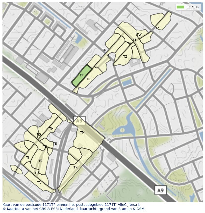 Afbeelding van het postcodegebied 1171 TP op de kaart.