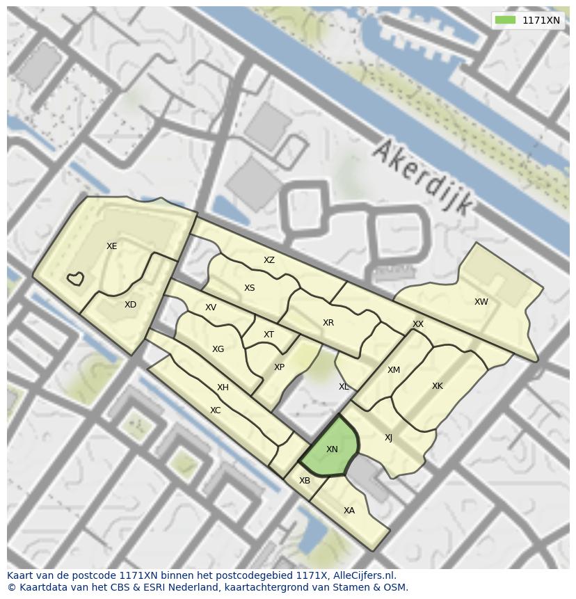 Afbeelding van het postcodegebied 1171 XN op de kaart.