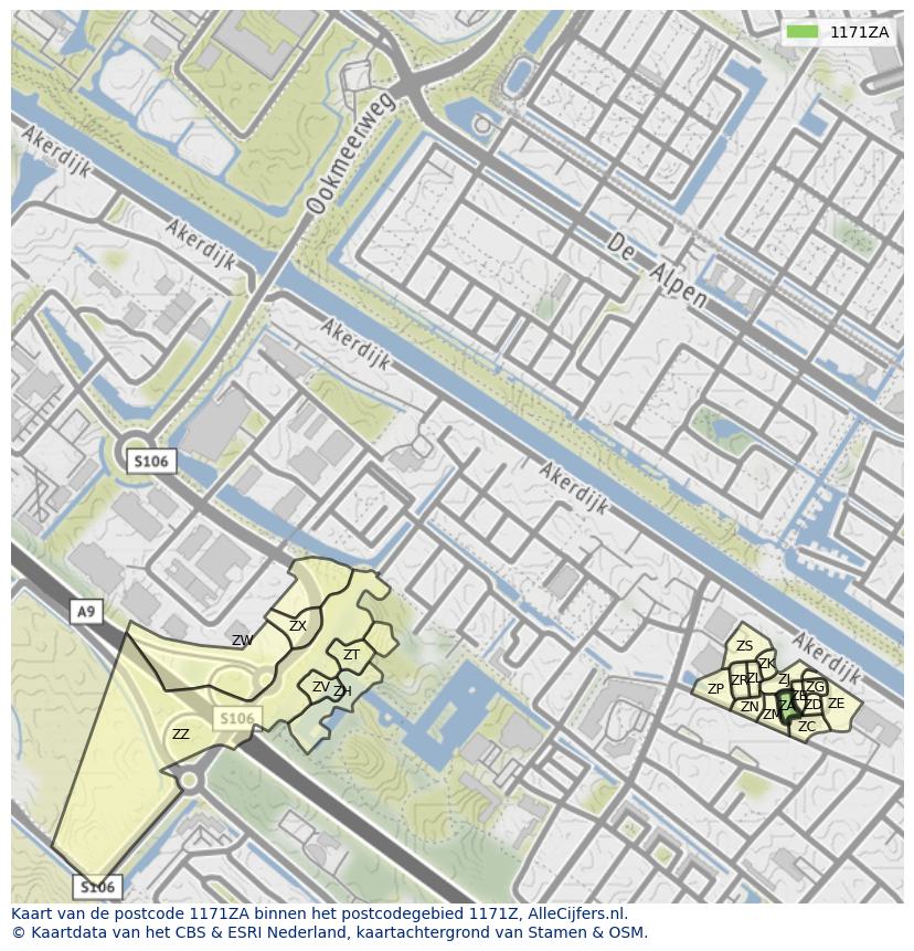 Afbeelding van het postcodegebied 1171 ZA op de kaart.
