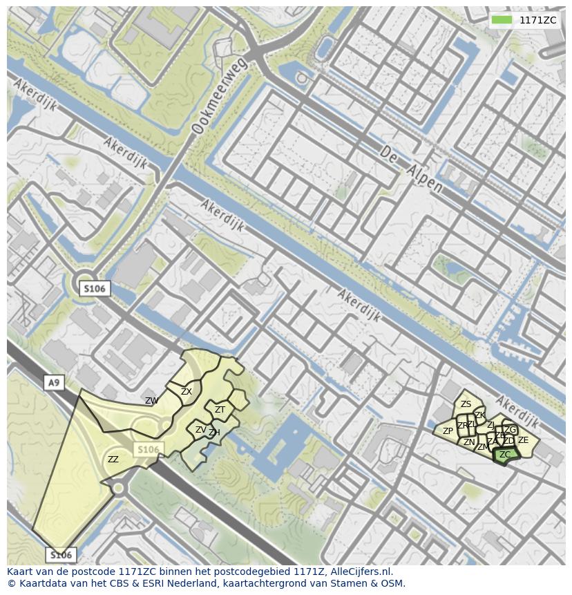 Afbeelding van het postcodegebied 1171 ZC op de kaart.