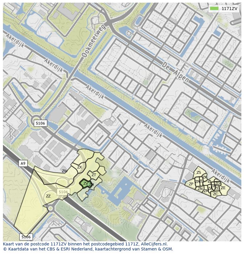 Afbeelding van het postcodegebied 1171 ZV op de kaart.