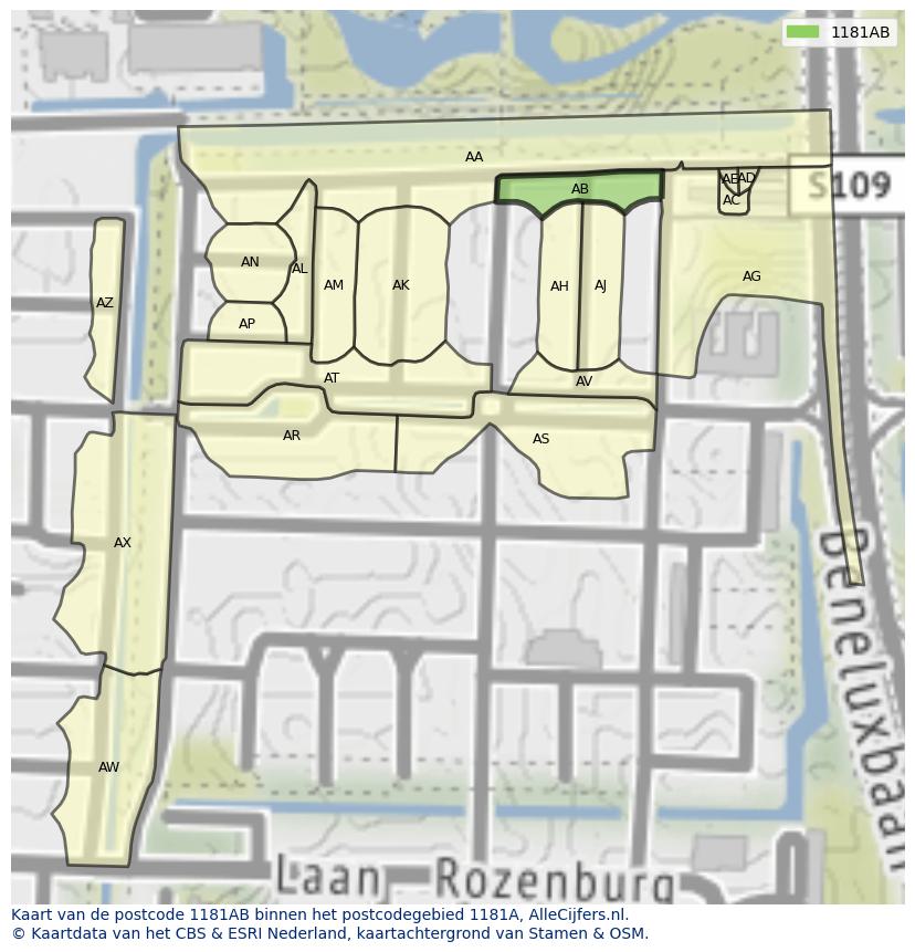 Afbeelding van het postcodegebied 1181 AB op de kaart.