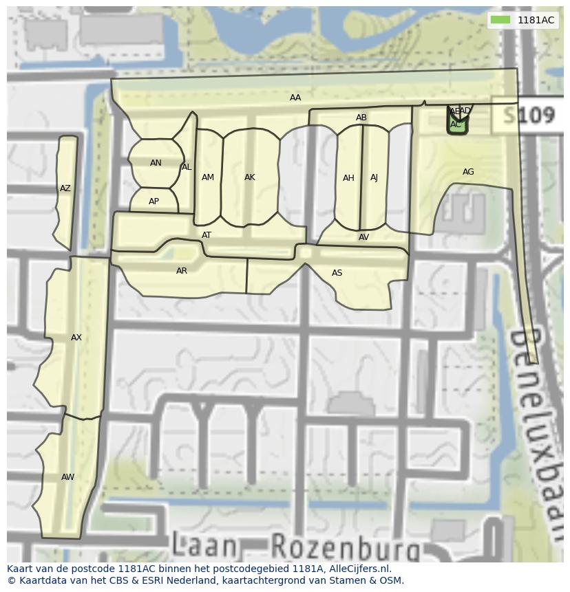 Afbeelding van het postcodegebied 1181 AC op de kaart.