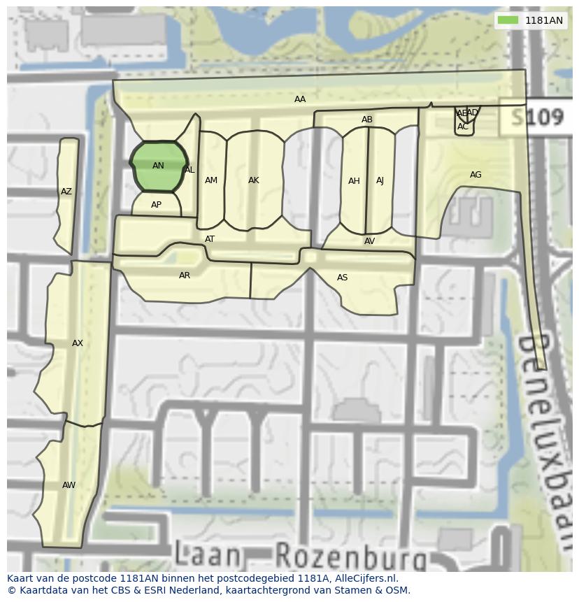 Afbeelding van het postcodegebied 1181 AN op de kaart.