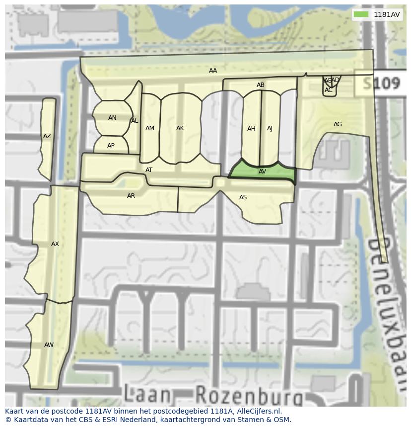 Afbeelding van het postcodegebied 1181 AV op de kaart.