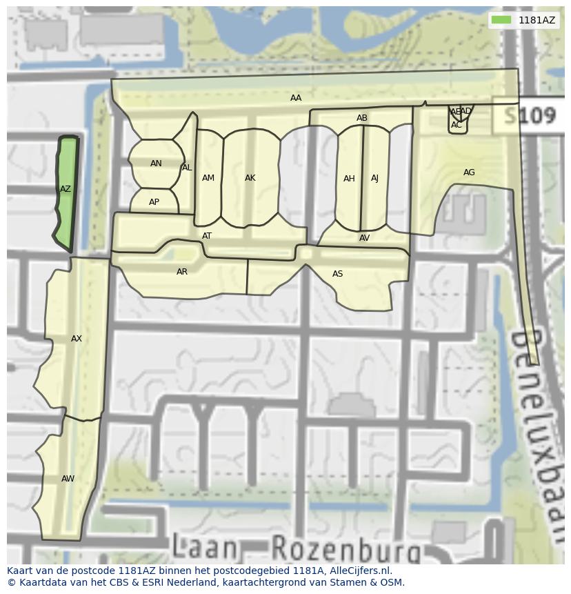 Afbeelding van het postcodegebied 1181 AZ op de kaart.
