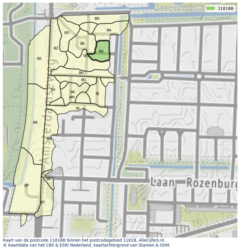 Afbeelding van het postcodegebied 1181 BB op de kaart.