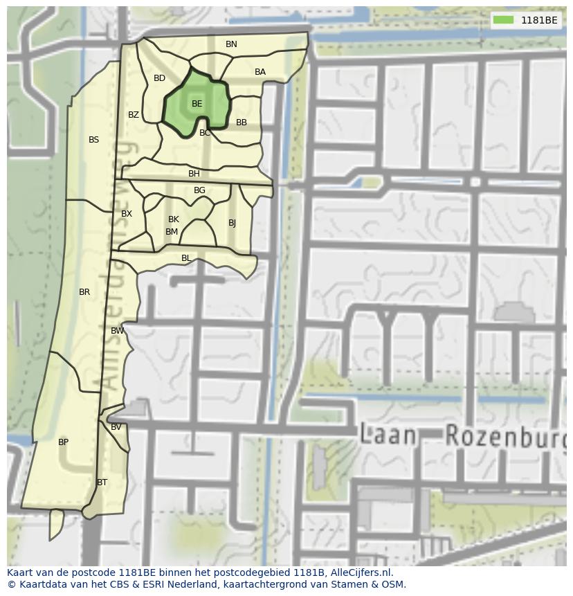 Afbeelding van het postcodegebied 1181 BE op de kaart.