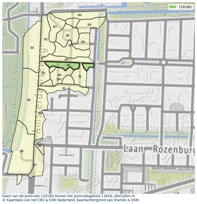 Afbeelding van het postcodegebied 1181 BG op de kaart.