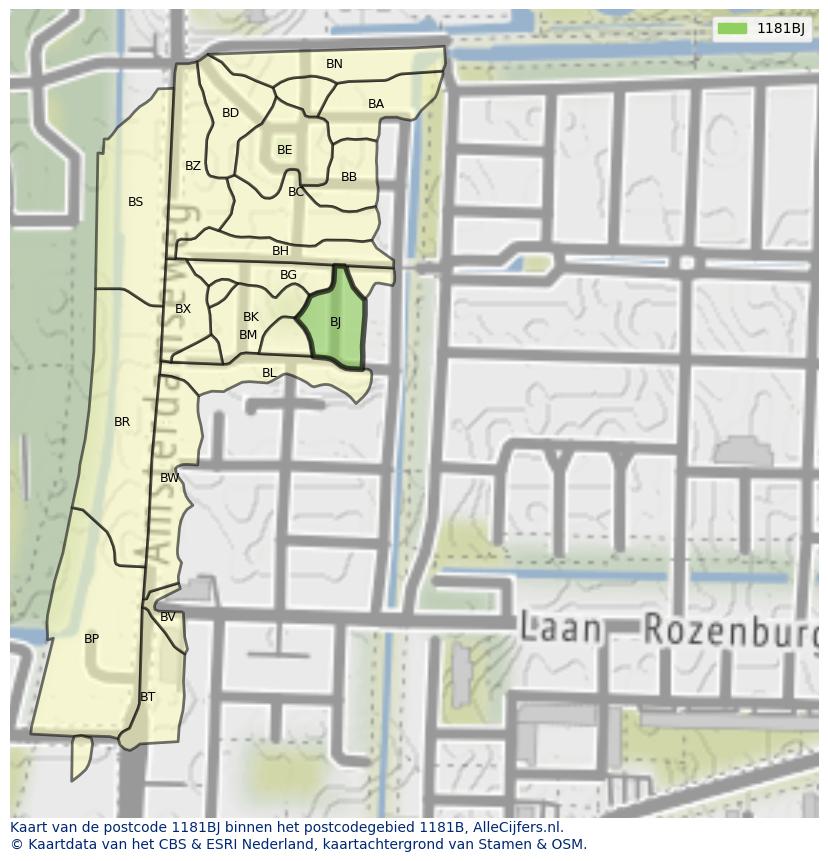 Afbeelding van het postcodegebied 1181 BJ op de kaart.