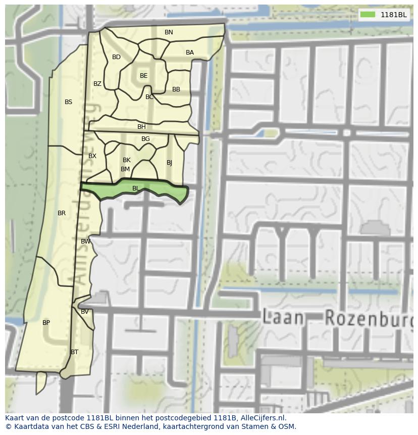 Afbeelding van het postcodegebied 1181 BL op de kaart.