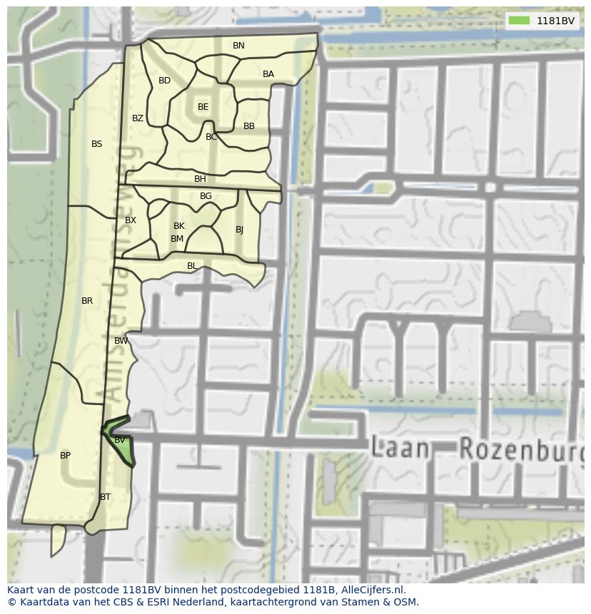 Afbeelding van het postcodegebied 1181 BV op de kaart.