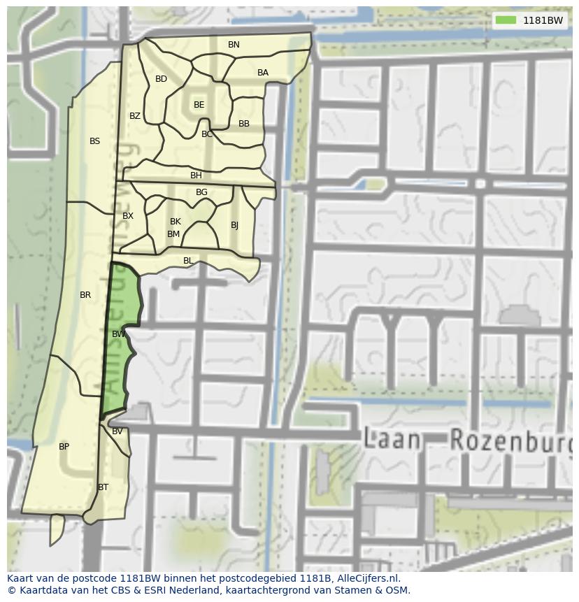 Afbeelding van het postcodegebied 1181 BW op de kaart.
