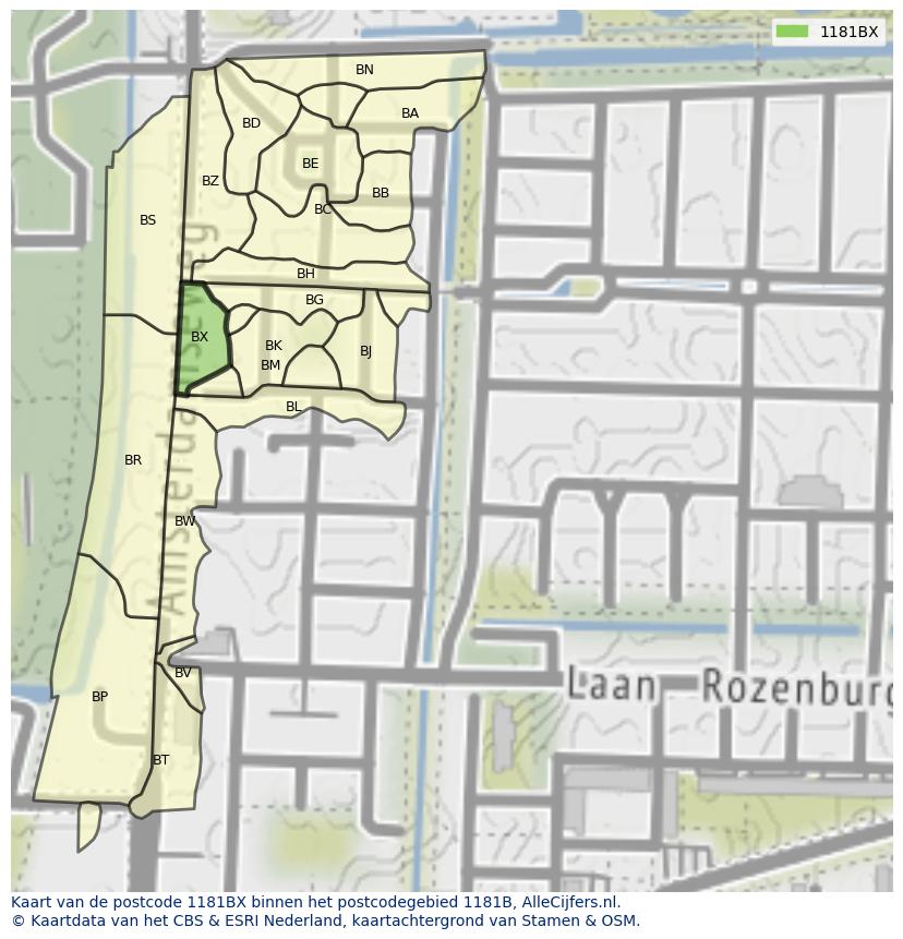 Afbeelding van het postcodegebied 1181 BX op de kaart.