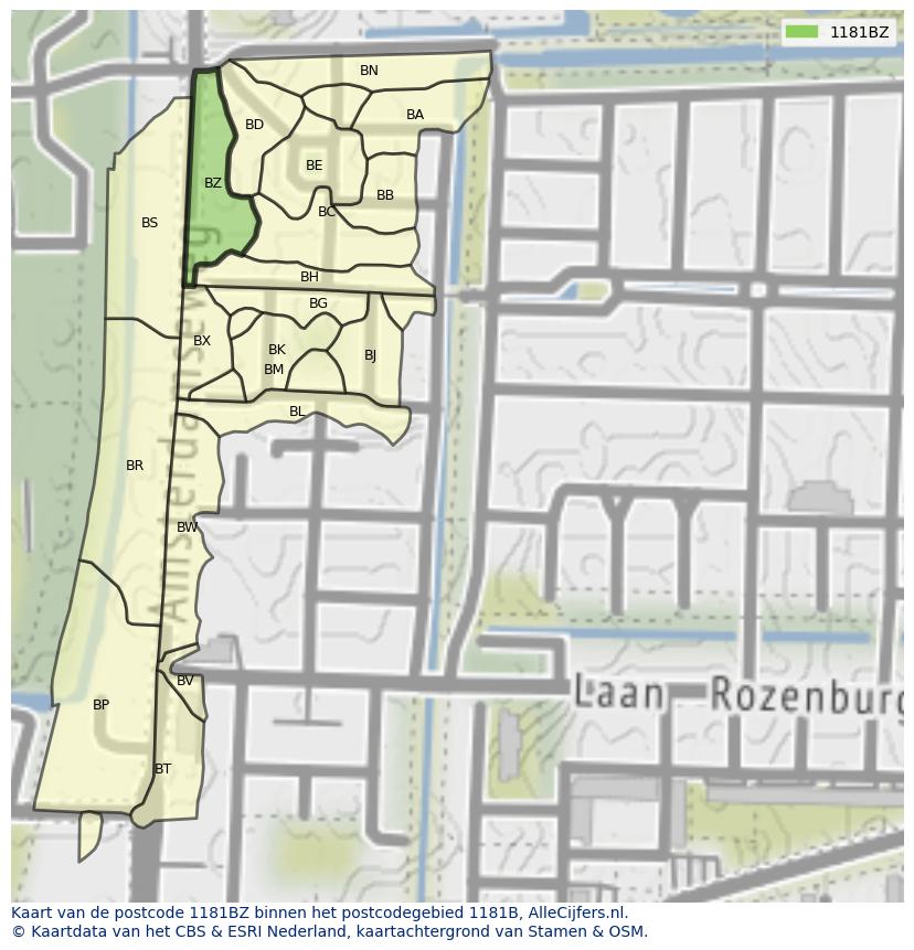 Afbeelding van het postcodegebied 1181 BZ op de kaart.