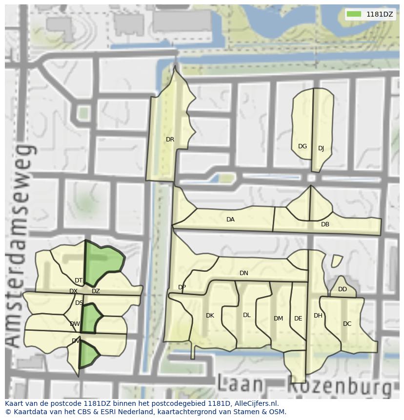 Afbeelding van het postcodegebied 1181 DZ op de kaart.