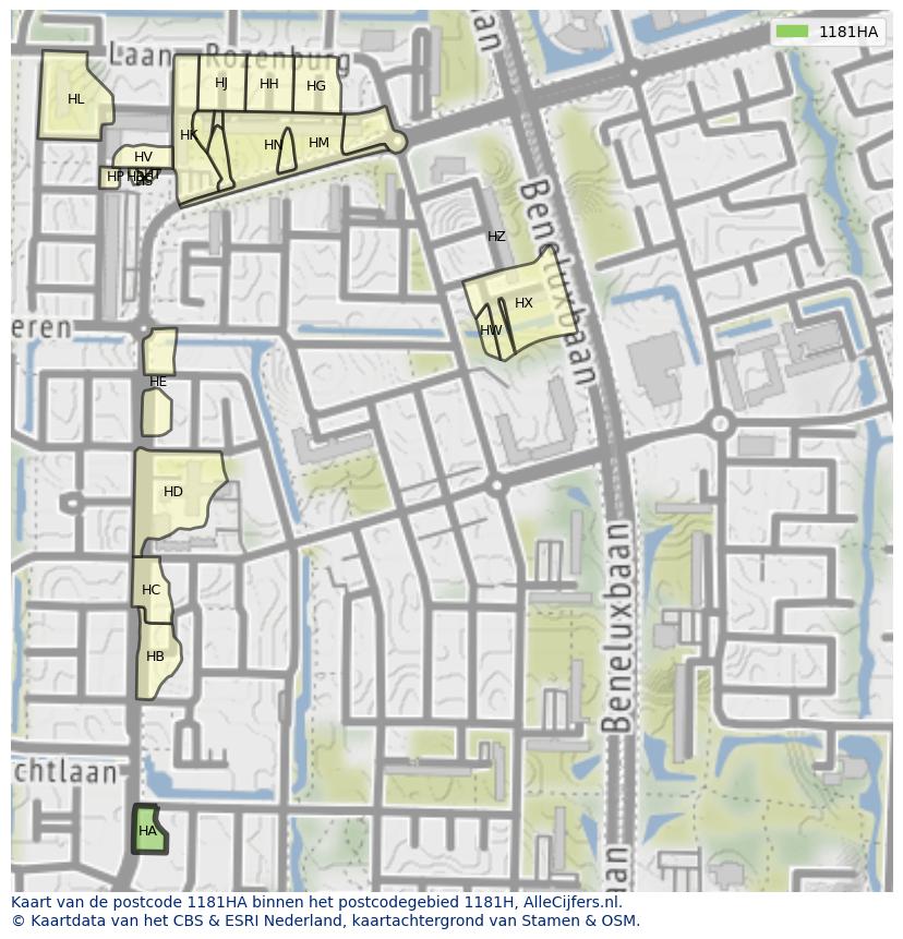 Afbeelding van het postcodegebied 1181 HA op de kaart.