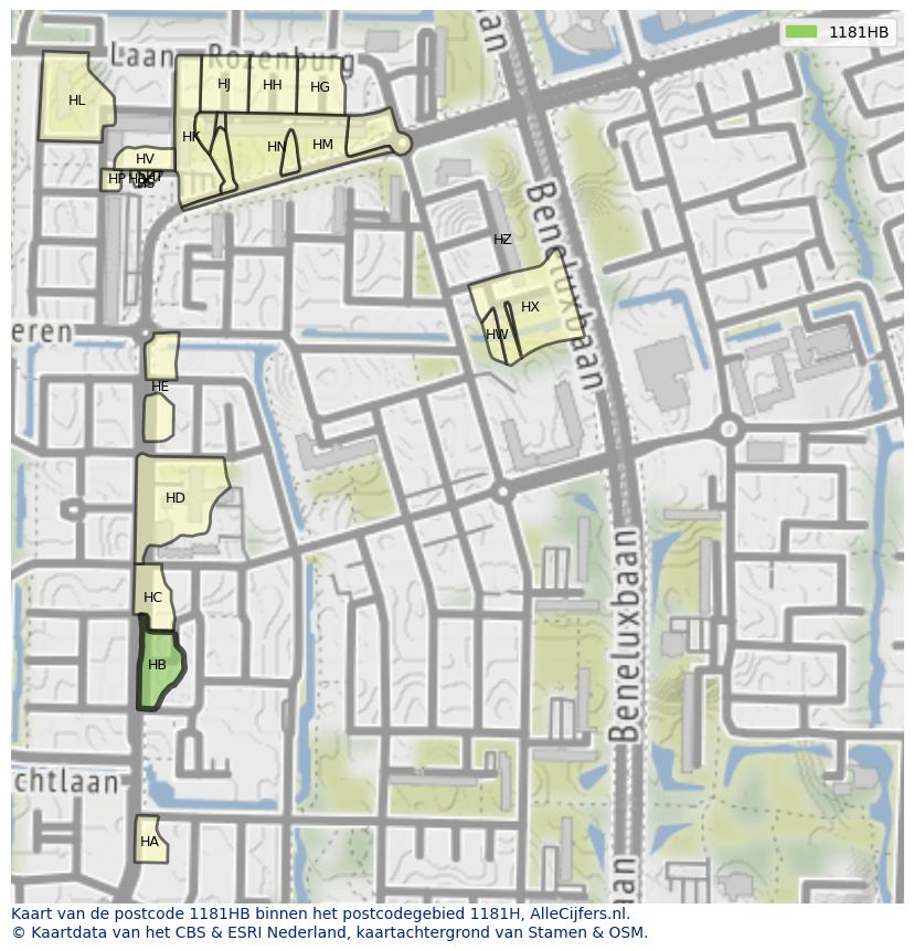 Afbeelding van het postcodegebied 1181 HB op de kaart.