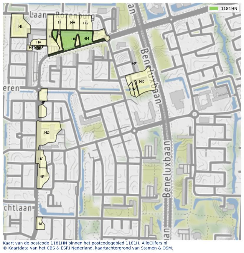Afbeelding van het postcodegebied 1181 HN op de kaart.
