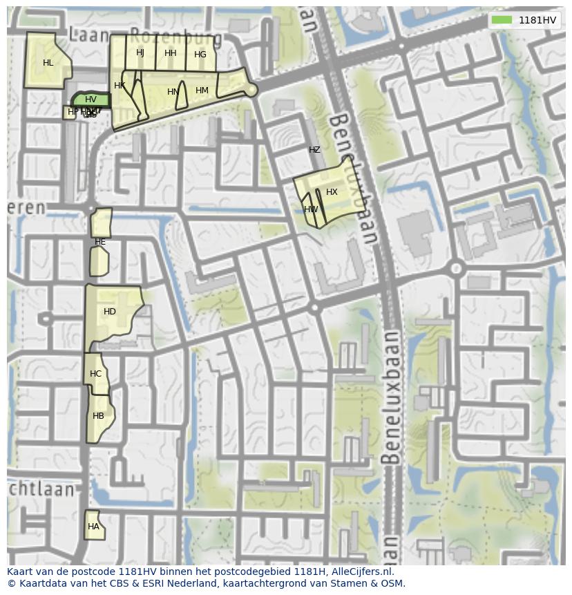 Afbeelding van het postcodegebied 1181 HV op de kaart.