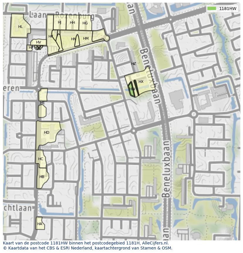 Afbeelding van het postcodegebied 1181 HW op de kaart.