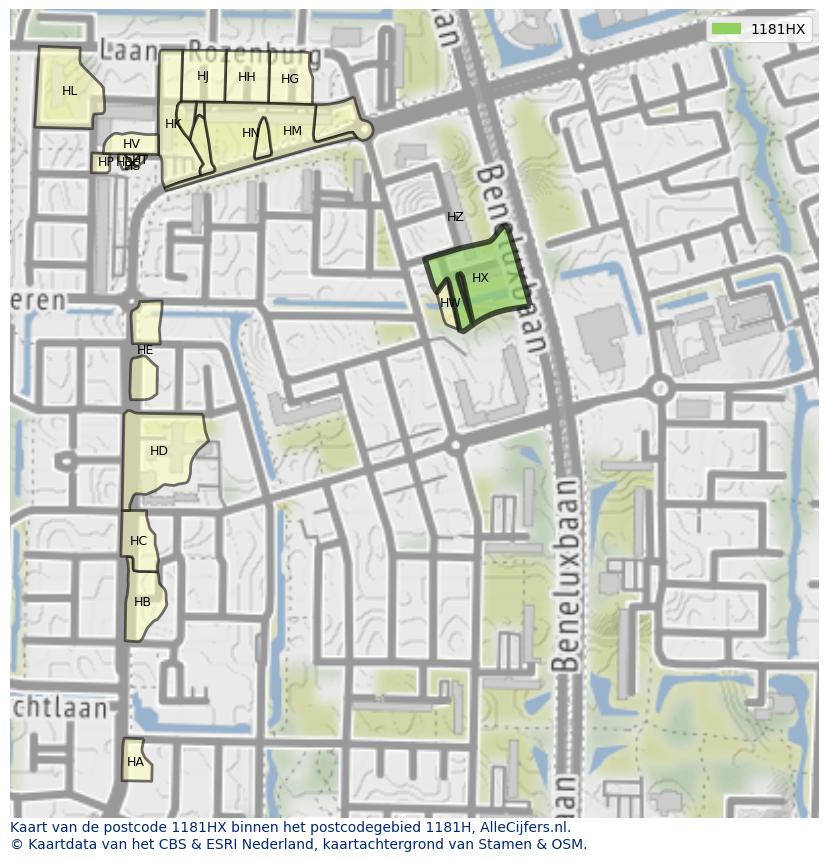 Afbeelding van het postcodegebied 1181 HX op de kaart.