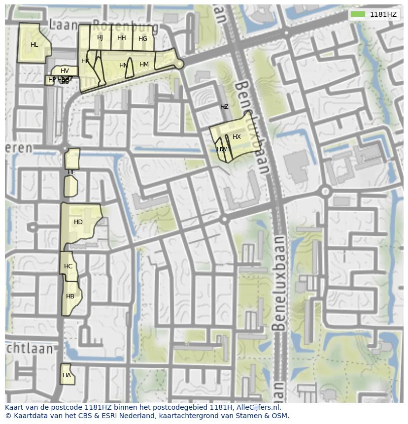 Afbeelding van het postcodegebied 1181 HZ op de kaart.