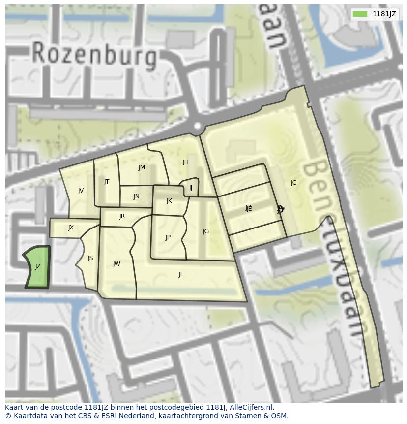 Afbeelding van het postcodegebied 1181 JZ op de kaart.