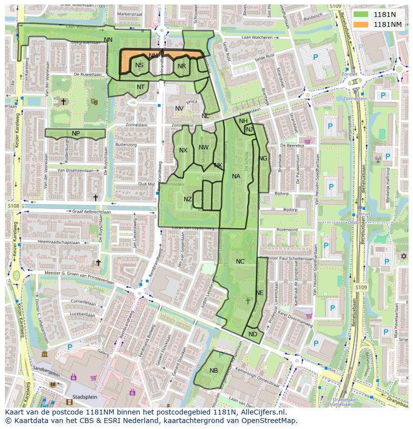 Afbeelding van het postcodegebied 1181 NM op de kaart.