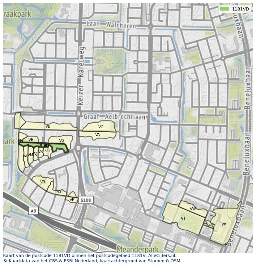 Afbeelding van het postcodegebied 1181 VD op de kaart.
