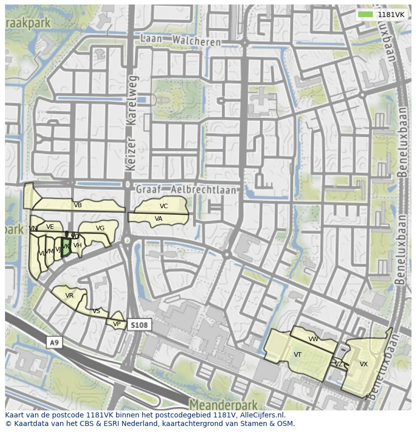 Afbeelding van het postcodegebied 1181 VK op de kaart.