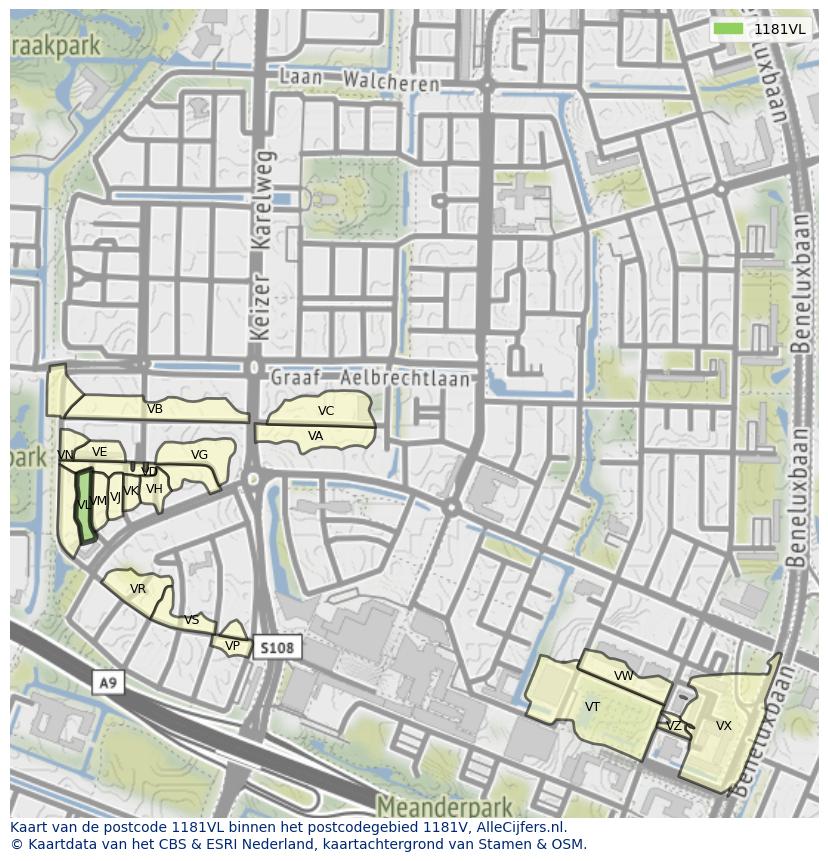 Afbeelding van het postcodegebied 1181 VL op de kaart.