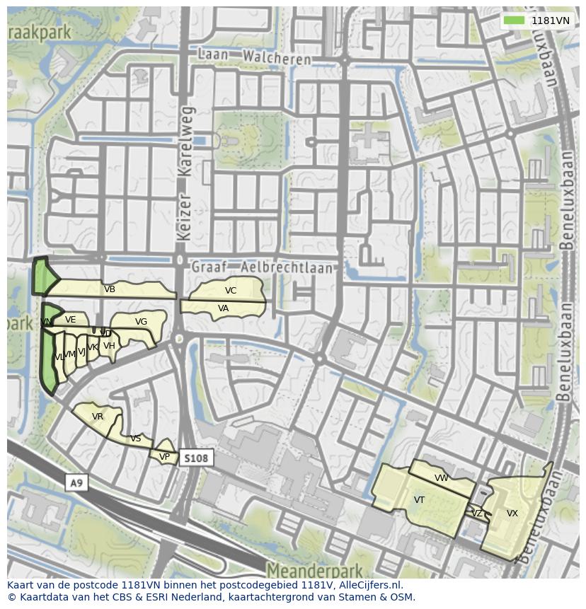 Afbeelding van het postcodegebied 1181 VN op de kaart.