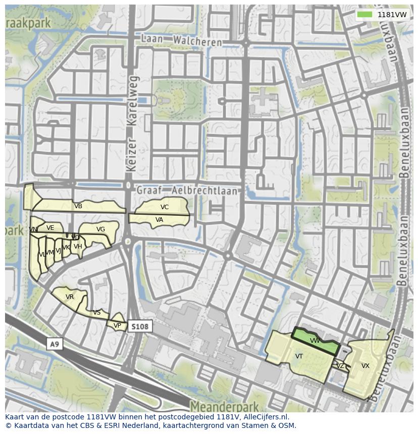 Afbeelding van het postcodegebied 1181 VW op de kaart.