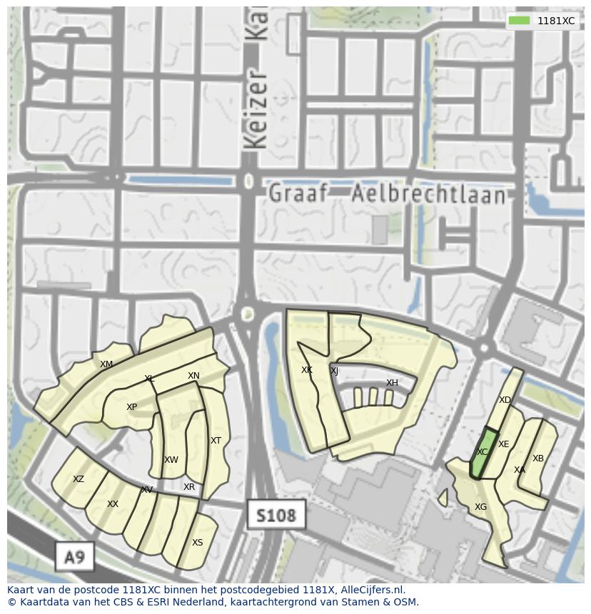 Afbeelding van het postcodegebied 1181 XC op de kaart.
