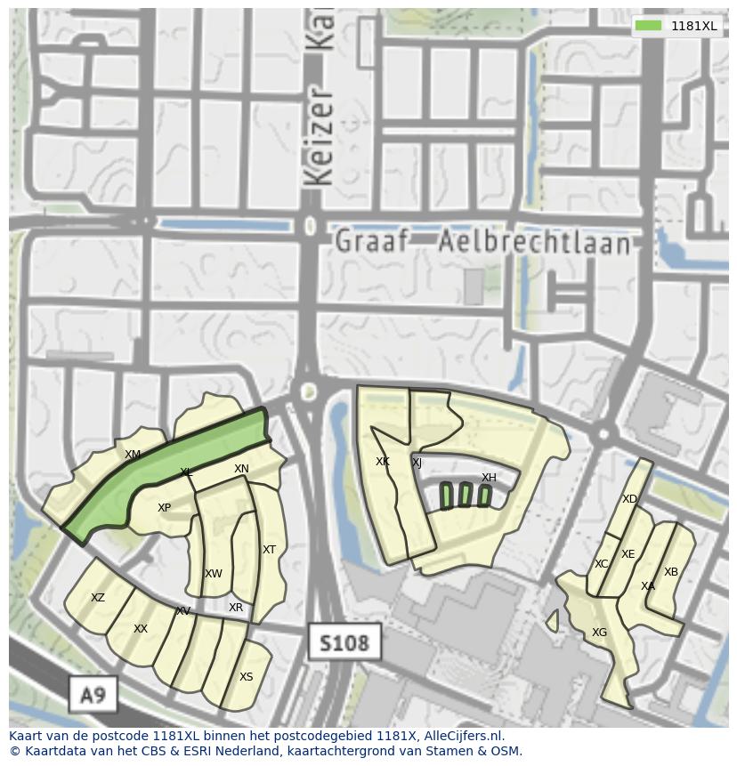 Afbeelding van het postcodegebied 1181 XL op de kaart.