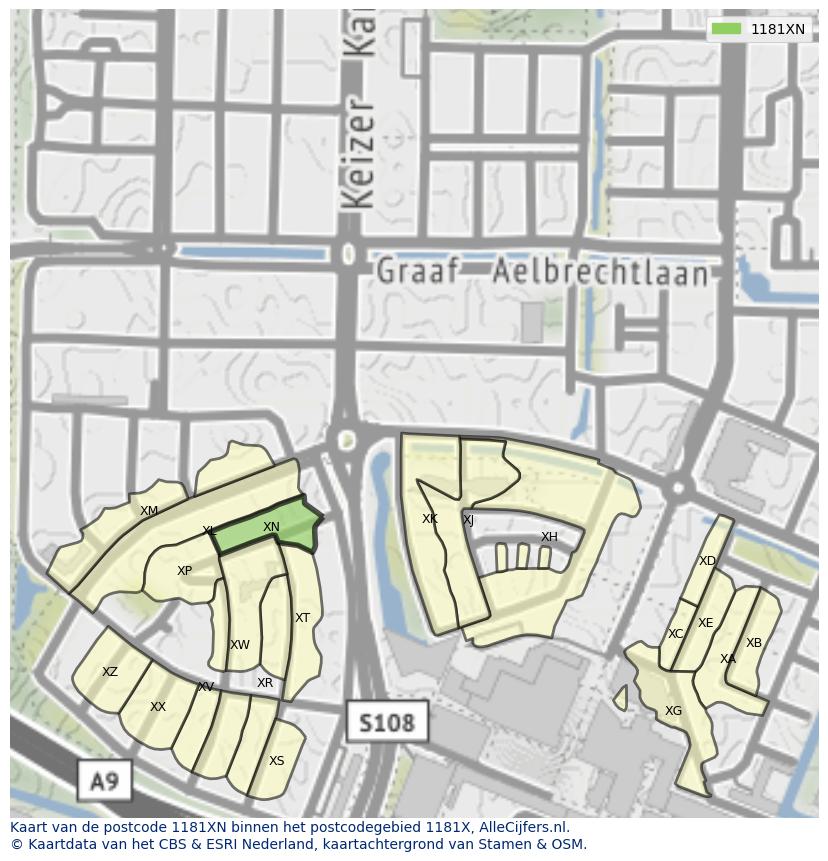 Afbeelding van het postcodegebied 1181 XN op de kaart.